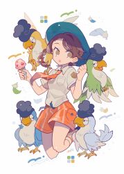 Rule 34 | 1girl, 4others, auko, black footwear, blue headwear, braid, brown eyes, brown hair, collared shirt, color guide, commentary request, creatures (company), feathers, full body, game freak, hat, highres, holding, holding ice cream cone, ice cream cone, juliana (pokemon), jumping, multiple others, naranja academy (emblem), naranja academy school uniform, necktie, nintendo, open mouth, orange necktie, orange shorts, pokemon, pokemon sv, school uniform, shirt, shorts, simple background, socks, squawkabilly, surprised, white background, white shirt, white socks