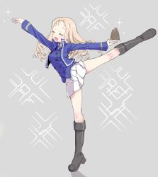 Rule 34 | 1girl, bc freedom military uniform, blonde hair, blue jacket, blue vest, boots, brown background, cake, dancing, drill hair, closed eyes, food, girls und panzer, hand up, high collar, highres, itamochi, jacket, leg up, long hair, long sleeves, marie (girls und panzer), open mouth, pleated skirt, simple background, skirt, smile, solo, spoon, thighs, tongue, vest, white skirt