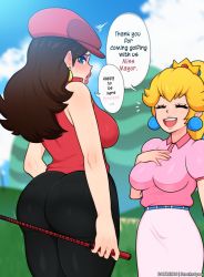 Rule 34 | 2girls, ass, blonde hair, breasts, brown hair, closed eyes, donkey kong (series), ear piercing, english text, female focus, golf, golf club, highres, holding, holding golf club, huge ass, large breasts, long hair, looking at viewer, looking back, mario (series), mario golf, mario golf: super rush, multiple girls, nintendo, open mouth, pauline (mario), piercing, princess peach, scocks4you, smile, speech bubble, thick thighs, thighs