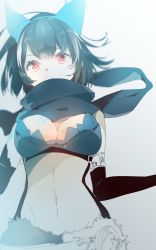 Rule 34 | 1girl, alice (sinoalice), belt, belt buckle, black gloves, blue hair, blurry, blush, bow, breasts, buckle, cleavage, covered mouth, crop top, elbow gloves, fur trim, gloves, hair bow, highres, ill games22, looking at viewer, navel, partially colored, pocket watch, red eyes, scarf, short hair, sinoalice, solo, tattoo, watch