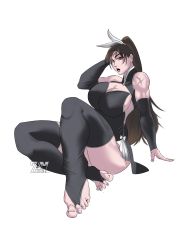 Rule 34 | 1girl, absurdres, black hair, breasts, chinese clothes, chun yan (shuumatsu no valkyrie), feet, female focus, hand on own head, highres, large breasts, long hair, looking at viewer, muscular, muscular female, red eyes, scar, shuumatsu no valkyrie, sitting, solo