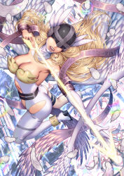 Rule 34 | 1girl, aiming, angel wings, angewomon, armor, armpits, arrow (projectile), ass, asymmetrical clothes, bare shoulders, belt, blonde hair, bodysuit, boobplate, boots, breastplate, breasts, cleavage, clothing cutout, commentary, cosmicleeches, covered eyes, digimoji, digimon, digimon (creature), elbow gloves, english commentary, falling feathers, feathered wings, feathers, floating, floating hair, gloves, hagoromo, helmet, helmet over eyes, highres, holding, holding arrow, holy ring, knee boots, large breasts, long hair, making-of available, multiple wings, navel cutout, o-ring, o-ring belt, open mouth, shawl, single knee boot, solo, teeth, thigh strap, watermark, white bodysuit, white footwear, winged helmet, wings