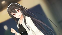 Rule 34 | 10s, 1girl, :d, alternate costume, black hair, black shirt, brown eyes, collarbone, hair between eyes, hair ornament, hairclip, haruna (kancolle), hiraba 6018, jacket, jewelry, kantai collection, long hair, long sleeves, necklace, open mouth, shirt, smile, solo, white jacket
