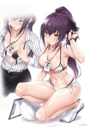 Rule 34 | 1girl, alternate costume, ball, bikini, black bra, black skirt, blush, bra, breasts, cleavage, clipboard, closed mouth, collared shirt, contemporary, dress shirt, fate/grand order, fate (series), hair between eyes, half-closed eyes, id card, kneeling, lanyard, large breasts, long hair, looking at viewer, multiple views, navel, open clothes, open mouth, open shirt, parfaitlate, ponytail, purple hair, red eyes, scathach (fate), scathach skadi (fate), shirt, skirt, swimsuit, thighs, underwear, volleyball (object), white bikini, white footwear, white shirt