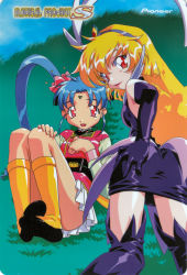 Rule 34 | 2girls, absurdres, aqua hair, black gloves, black skirt, blonde hair, blue hair, boots, elbow gloves, facial mark, feathers, flower, forehead mark, gloves, grass, hair ornament, hand on ass, hand on knee, hand on own chest, headband, highres, hill, kawai sasami, knee boots, legs together, lipstick, long sleeves, looking at viewer, looking back, magical girl, mahou shoujo pretty sammy, makeup, miniskirt, multiple girls, official art, open mouth, outdoors, pixy misa, presenting, pretty sammy, pretty sammy (character), red eyes, sash, sexually suggestive, skirt, smile, socks, tenchi muyou!, thighhighs, thighs, twintails, white skirt