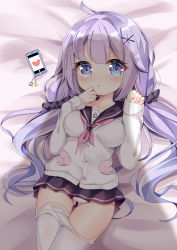 Rule 34 | 1girl, :o, absurdres, anchor symbol, arlene (ju), azur lane, bed sheet, black sailor collar, black scrunchie, black skirt, blush, breasts, cameltoe, cardigan, cellphone, cellphone charm, charm (object), clothes pull, collarbone, gluteal fold, hair ornament, hair scrunchie, hands up, heart, highres, long hair, long sleeves, looking at viewer, low twintails, lying, medium breasts, miniskirt, neckerchief, on back, panties, pantyhose, pantyhose pull, parted lips, phone, pink neckerchief, pleated skirt, purple eyes, purple hair, sailor collar, scrunchie, shadow, sidelocks, skirt, sleeves past wrists, solo, tears, twintails, underwear, unicorn (long-awaited date) (azur lane), unicorn (azur lane), very long hair, white cardigan, white panties, white pantyhose, x hair ornament