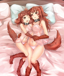 Rule 34 | 2girls, ;d, age difference, animal ears, animal hands, babydoll, bad id, bad pixiv id, bare shoulders, bed, body fur, breasts, brown eyes, brown hair, collar, collarbone, commentary request, dog ears, dog tail, fangs, highres, himaneko, hug, kobold (monster girl encyclopedia), large breasts, lingerie, long hair, monster girl, monster girl encyclopedia, monster girl encyclopedia ii, mother and daughter, multiple girls, navel, nipples, on bed, one eye closed, open mouth, panties, pillow, see-through, short hair, small breasts, smile, tail, take your pick, underwear, white panties