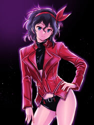 Rule 34 | 1girl, absurdres, amano onsa, bakuon!!, belt, black background, black hair, black shorts, black tank top, blue eyes, bow, cowboy shot, crop top, hair bow, hairband, highres, jacket, looking at viewer, messy hair, open clothes, open jacket, red bow, red hairband, red jacket, sakuma masanori, short hair, short shorts, shorts, solo, tank top, thighhighs