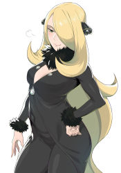 Rule 34 | 1girl, bad id, bad pixiv id, black pants, breasts, center opening, cleavage, closed mouth, covered navel, creatures (company), cynthia (pokemon), dress, fur trim, game freak, green eyes, hair ornament, hair over one eye, half-closed eyes, hand on own hip, highres, hip focus, ikuchan kaoru, long hair, long sleeves, medium breasts, nintendo, pants, pink lips, pokemon, pokemon dppt, sigh, simple background, skin tight, skindentation, smile, solo, very long hair, white background
