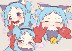 Rule 34 | +++, 1girl, animal ear fluff, animal ears, blue hair, blush, bow, cheek pinching, disembodied hand, finger in another&#039;s mouth, fur collar, grey background, hair bow, hairband, highres, miyako (halloween) (princess connect!), miyako (princess connect!), motion lines, mountain han, neck bell, open mouth, pinching, princess connect!, purple eyes, signature, simple background, solo, squiggle, sweat, tears