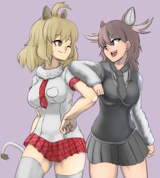 Rule 34 | 10s, 2girls, animal ears, antlers, blonde hair, blush, breasts, brown eyes, brown hair, highres, horns, kemono friends, large breasts, lion (kemono friends), lion ears, lion tail, looking at another, moose (kemono friends), moose ears, multiple girls, simple background, tail