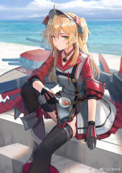Rule 34 | 1girl, admiral hipper (azur lane), admiral hipper (bilan hangxian), artist request, azur lane, black thighhighs, blonde hair, cloud, cross, cup, day, dress, hair between eyes, horizon, huanxiang heitu, iron cross, jewelry, machinery, necklace, ocean, short sleeves, simple background, sitting, solo, teacup, thighhighs, two side up, yellow eyes