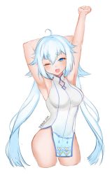 Rule 34 | 1girl, absurdres, ahoge, armpits, arms up, bare arms, bare shoulders, blue eyes, blue hair, breasts, commentary, contrapposto, cowboy shot, cropped legs, dress, english commentary, fang, hand up, highres, large breasts, long hair, looking at viewer, one eye closed, open mouth, original, pelvic curtain, short dress, sleepy, solo, standing, stretching, temachii, thick eyebrows, very long hair, white dress, yawning