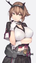 Rule 34 | 1girl, 2019, arm under breasts, artist name, black jacket, black skirt, breasts, brown hair, chain, cleavage, closed mouth, collar, dated, finger to mouth, flipped hair, gloves, green eyes, hair between eyes, hairband, headgear, highres, jacket, kantai collection, large breasts, looking at viewer, metal belt, metal collar, midriff, mutsu (kancolle), mutsu kai ni (kancolle), pleated skirt, radio antenna, rokuwata tomoe, short hair, simple background, skirt, smile, solo, twitter username, upper body, white background, white gloves