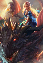 Rule 34 | 1girl, a song of ice and fire, armlet, blue dress, blue eyes, breasts, brooch, cleavage, cloak, commentary, daenerys targaryen, dragon, dragon riding, dress, fan yang (jiuge), fire, game of thrones, gem, highres, jewelry, long hair, medium breasts, vambraces, white hair, wings