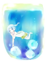 Rule 34 | 1girl, bad id, bad pixiv id, bare arms, bare shoulders, blue eyes, blue hair, blush, bow, blowing bubbles, cameltoe, camisole, cup, drink, drinking glass, freediving, green shorts, heart, highres, holding, ice, ice cube, no shoes, original, short eyebrows, short shorts, shorts, sidelocks, solo, submerged, thick eyebrows, thighhighs, tsukiyo (skymint), twintails, white background, white bow, white camisole, white thighhighs