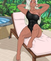 Rule 34 | 1girl, animal ears, barefoot, biceps, black one-piece swimsuit, boku no hero academia, breasts, chair, cleavage, dark-skinned female, dark skin, day, feet, forest, highres, large breasts, long eyelashes, long hair, lounge chair, mirko, muscular, muscular female, nature, one-piece swimsuit, pool, rabbit ears, rabbit girl, red eyes, rskaled, strap slip, swimsuit, thick thighs, thighs, tile floor, tiles, toes, toned, white hair