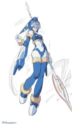 Rule 34 | 1girl, android, blue eyes, blue hair, bodysuit, boots, breasts, closed mouth, commentary, frown, full body, gloves, helmet, high heels, holding, holding weapon, huanxiang huifeng, fairy leviathan (mega man), mega man (series), mega man zero (series), polearm, solo, thigh boots, thighhighs, weapon