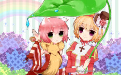 2girls animal animal_around_neck animal_ears blonde_hair bow breasts brown_hat cat_ears cat_girl closed_mouth copyright_notice cross detached_sleeves double_bun dress flower fox frilled_hat frills green_eyes guest_art hair_bun hairband hat hat_bow hat_flower high_priest_(ragnarok_online) highres leaf_umbrella logo looking_at_viewer medium_breasts mini_hat mini_top_hat multiple_girls official_art official_wallpaper open_mouth pink_flower pink_hair pink_rose professor_(ragnarok_online) purple_flower ragnarok_online rainbow rakotaro red_dress red_hairband red_sleeves rose sash short_hair sleeveless sleeveless_dress smile striped_background striped_sleeves top_hat two-tone_dress upper_body white_bow white_dress white_sash white_sleeves