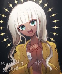 Rule 34 | 1girl, :d, bikini, collarbone, commentary request, danganronpa (series), danganronpa v3: killing harmony, dark-skinned female, dark skin, dated, green eyes, happy birthday, highres, jewelry, long hair, long sleeves, looking at viewer, mikao (eanv5385), necklace, open mouth, own hands together, smile, solo, sparkling eyes, swimsuit, teeth, tongue, upper body, upper teeth only, yonaga angie
