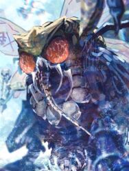 animal_focus beelzebub_(megami_tensei) blurry blurry_background bug commentary_request compound_eyes fly insect insect_wings mandibles monster_focus no_humans raven8lily red_eyes shin_megami_tensei solo watermark wings