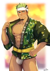 Rule 34 | 1boy, abs, absurdres, bara, bare pectorals, black hair, blush, bulge, come hither, cowboy shot, dark-skinned male, dark skin, facial hair, festival, fundoshi, goatee, green eyes, green kimono, highres, ikusaba daisuke, japanese clothes, kimono, large pectorals, loincloth, looking at viewer, male focus, male underwear, manly, multicolored hair, muscular, nipples, open clothes, open kimono, pectorals, short hair, sideburns, solo, sweat, taurus mask, thick thighs, thighs, tokyo houkago summoners, two-tone hair, underwear, white male underwear, zifu