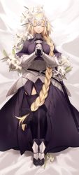 Rule 34 | 1girl, absurdres, armor, armored dress, blonde hair, braid, braided ponytail, breasts, capelet, chain, closed eyes, closed mouth, dress, eyes visible through hair, fate/apocrypha, fate/grand order, fate (series), faulds, flower, full body, gauntlets, hair between eyes, headpiece, highres, jeanne d&#039;arc (fate), jeanne d&#039;arc (ruler) (fate), large breasts, lily (flower), long braid, long hair, lying, no-kan, on back, own hands clasped, own hands together, plackart, purple dress, sheath, sheathed, single braid, thighhighs, very long hair