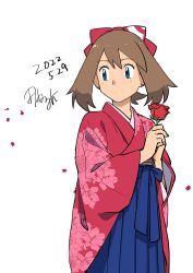 Rule 34 | 1girl, blue eyes, blue hakama, brown hair, closed mouth, commentary request, creatures (company), dated, earrings, eyelashes, falling petals, floral print, flower, game freak, hair ribbon, hakama, hakama skirt, highres, holding, holding flower, japanese clothes, jewelry, kimono, looking back, may (pokemon), medium hair, nintendo, petals, pokemon, pokemon (anime), pokemon rse (anime), red ribbon, ribbon, signature, skirt, solo, tamura (kouititamura), wide sleeves