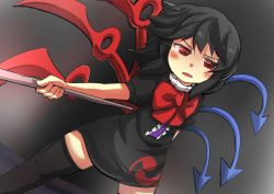 Rule 34 | 1girl, asymmetrical wings, black dress, black hair, black thighhighs, bow, dress, gaoo (frpjx283), houjuu nue, red bow, red eyes, solo, thighhighs, tomoe (symbol), touhou, wings