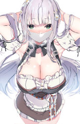 Rule 34 | 1girl, absurdres, apron, armpits, arms up, blush, breasts, cleavage, detached collar, detached sleeves, dress, flower, green eyes, grey hair, hair flower, hair ornament, highres, hololive, large breasts, long hair, looking at viewer, mask, mouth mask, niku (hamuchang), puffy short sleeves, puffy sleeves, shirogane noel, shirogane noel (dirndl), short dress, short sleeves, solo, virtual youtuber, white mask