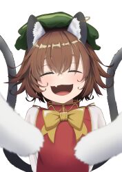 Rule 34 | 1girl, absurdres, animal ear fluff, animal ears, arms behind back, asakura haru, blurry, blurry foreground, blush, bow, bowtie, brown hair, cat ears, cat tail, chen, closed eyes, commentary request, depth of field, dot nose, earrings, fang, gold trim, hair between eyes, happy, hat, highres, jewelry, mob cap, multiple tails, nekomata, open mouth, perspective, petite, red vest, short hair, simple background, single earring, skin fang, solo, tail, touhou, two tails, vest, white background, yellow bow, yellow bowtie