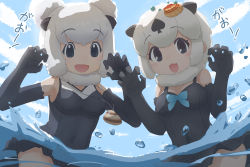 Rule 34 | 2girls, :3, alaskan sea otter (kemono friends), animal ears, blue bow, blue one-piece swimsuit, blush, bow, californian sea otter (kemono friends), claw pose, da (bobafett), double bun, elbow gloves, frilled one-piece swimsuit, frilled swimsuit, frills, gloves, grey eyes, grey gloves, grey hair, grey one-piece swimsuit, hair bun, jewelry, kemono friends, looking at viewer, multicolored hair, multiple girls, necklace, one-piece swimsuit, open mouth, otter ears, otter girl, partially submerged, partially underwater shot, shell, shell hair ornament, shell necklace, short hair, swimsuit, translation request, two-tone hair, underwater, water, white hair