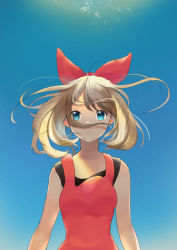 Rule 34 | 1girl, absurdres, blue background, blue eyes, bow, brown hair, creatures (company), floating hair, game freak, hair bow, highres, jyu gorilla, long hair, looking at viewer, may (pokemon), nintendo, parted lips, pokemon, pokemon oras, red bow, red shirt, shirt, sleeveless, sleeveless shirt, solo, upper body