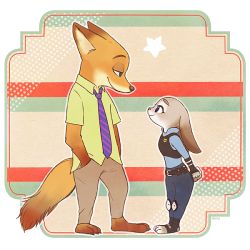 Rule 34 | 1boy, 1girl, arms behind back, ayu (mog), disney, fox, full body, furry, furry female, furry male, half-closed eyes, hands in pockets, height difference, judy hopps, looking at another, necktie, nick wilde, police, police uniform, profile, rabbit, smile, standing, star (symbol), tail, uniform, zootopia