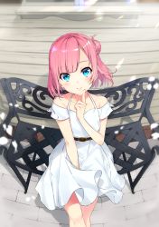 Rule 34 | 1girl, bare shoulders, belt, blue eyes, bon (bonbon315), breasts, brown belt, collarbone, commentary request, dress, fisheye, from above, highres, looking at viewer, original, pink hair, short hair, short sleeves, sitting, small breasts, smile, solo, white dress