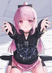 Rule 34 | 1girl, arms up, bed sheet, belt, black belt, black bow, black choker, black hoodie, black socks, blush, bow, chestnut mouth, choker, collarbone, commentary request, drawstring, food-themed hair ornament, hair bow, hair ornament, hairclip, high ponytail, highres, hood, hood down, hoodie, leg belt, long hair, long sleeves, looking at viewer, no shoes, original, outstretched arms, parted lips, pillow, pink hair, pink skirt, pleated skirt, ponytail, red eyes, sidelocks, sitting, skindentation, skirt, sleeves past wrists, socks, solo, strawberry hair ornament, tsukiman, very long hair, wariza