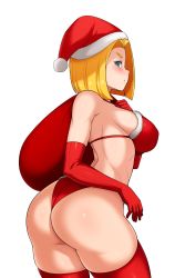 Rule 34 | 1girl, android 18, ass, bag, bare shoulders, bikini, blonde hair, blue eyes, blush, breasts, christmas, dragon ball, dragonball z, elbow gloves, from behind, fur-trimmed bikini, fur-trimmed headwear, fur trim, gloves, hat, highres, jmg, large breasts, looking at viewer, looking back, mature female, open mouth, pom pom (clothes), red bikini, red hat, red thighhighs, santa bikini, santa costume, santa hat, shiny skin, short hair, sideboob, simple background, solo, swimsuit, thighhighs, thighs, white background