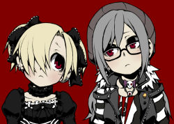 Rule 34 | 2girls, :&lt;, alternate hairstyle, ayame hashinimasen, bespectacled, choker, cosplay, costume switch, frown, glasses, gothic lolita, hair over one eye, hair ribbon, hat, idolmaster, idolmaster cinderella girls, kanzaki ranko, kanzaki ranko (cosplay), lolita fashion, multiple girls, puffy sleeves, ribbon, shirasaka koume, shirasaka koume (cosplay), skull, striped, striped sleeves, twintails