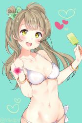 Rule 34 | 1girl, artist name, bikini, blue background, blush, bracelet, breasts, brown hair, collarbone, flower, heart, hibiscus, highres, jewelry, long hair, looking at viewer, love live!, love live! school idol project, medium breasts, minami kotori, navel, one side up, open mouth, smile, solo, swimsuit, white bikini, yamada 328, yellow eyes