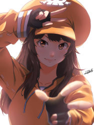 Rule 34 | 1girl, 9bank thedg, black gloves, blurry, brown eyes, brown hair, closed mouth, collarbone, double v, fingerless gloves, gloves, guilty gear, guilty gear strive, highres, long hair, long sleeves, looking at viewer, may (guilty gear), orange headwear, signature, simple background, skull and crossbones, smile, solo, upper body, v, white background