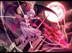 Rule 34 | 1girl, ascot, barefoot, bat wings, brooch, cloud, female focus, flying, full moon, glowing, glowing eyes, glowing weapon, hat, hat ribbon, highres, izayoi-saki, jewelry, letterboxed, moon, mountain, night, outstretched arm, outstretched hand, pink eyes, puffy sleeves, purple hair, red moon, remilia scarlet, ribbon, sash, scarlet devil mansion, shirt, short sleeves, skirt, skirt set, sky, slit pupils, solo, spear the gungnir, star (sky), touhou, tower, town, weapon, wings, wrist cuffs