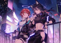 Rule 34 | 2girls, absurdres, animal ears, arknights, black hair, breasts, city lights, colored inner hair, exusiai (arknights), highres, implied yuri, jacket, medium breasts, multicolored hair, multiple girls, navel, red hair, shorts, tail, texas (arknights), wolf ears, wolf girl, wolf tail
