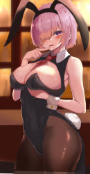 Rule 34 | 1girl, alternate costume, animal ears, between breasts, black leotard, black pantyhose, breasts, cleavage cutout, clothing cutout, cowboy shot, fake animal ears, fake tail, fate/grand order, fate (series), hair over one eye, highleg, highleg leotard, highres, large breasts, leotard, mash kyrielight, necktie, necktie between breasts, nigouu, pantyhose, purple eyes, purple hair, rabbit ears, rabbit tail, red necktie, short hair, solo, tail, wrist cuffs