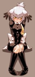 Rule 34 | 10s, 1girl, alternate costume, ayame hashinimasen, back bow, bird wings, blonde hair, blush, bow, buttons, collared dress, commentary request, dress, dress shoes, embarrassed, frilled dress, frills, full body, grey hair, hair tie, hands on lap, head wings, kemono friends, kneehighs, knees together feet apart, long sleeves, looking away, multicolored hair, nose blush, shoebill (kemono friends), short hair, sitting, socks, solo, sweatdrop, wings, yellow eyes