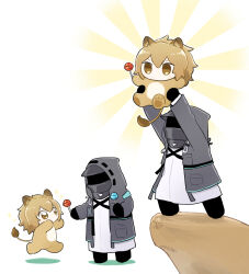 Rule 34 | 1girl, 1other, animal ears, arknights, black jacket, candy, cliff, doctor (arknights), food, gloves, highres, hood, hooded jacket, jacket, lifting person, lion ears, lion girl, lion tail, lollipop, long sleeves, siege (arknights), soppos, tail, the lion king