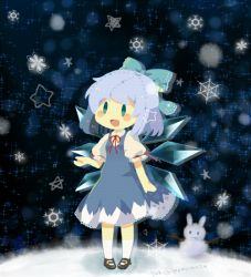 Rule 34 | 1girl, bad id, bad twitter id, blue eyes, blue hair, bow, cirno, dress, hair bow, ice, ice wings, komowata (m375375), matching hair/eyes, moyo (amaniwa), open mouth, short hair, simple background, smile, snow, snow rabbit, snowflakes, solo, touhou, wings, | |