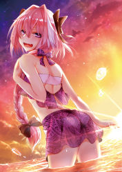 Rule 34 | 1boy, alternate costume, ass, astolfo (fate), bikini, bikini skirt, black bow, bow, braid, commentary request, fang, fate/apocrypha, fate/grand order, fate (series), from behind, hair bow, hair intakes, hair ornament, hair ribbon, long braid, long hair, looking at viewer, male focus, multicolored hair, nakajima kotoko, open mouth, outdoors, pink hair, purple bow, purple eyes, purple skirt, ribbon, single braid, skirt, smile, solo, streaked hair, sunset, swimsuit, trap, water, white hair