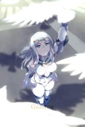 Rule 34 | 1girl, bare shoulders, bikini, bird, blue eyes, breasts, character name, cleavage, echo (circa), elbow gloves, fate/grand order, fate (series), galatea (fate), gloves, halterneck, joints, long hair, looking up, medium breasts, navel, outstretched arm, pale skin, parted bangs, robot joints, solo, swimsuit, thighhighs, thighs, tiara, white bikini, white gloves, white hair, white thighhighs