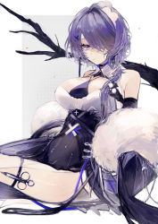 Rule 34 | 1girl, aaoshigatoutoi, absurdres, arknights, bare shoulders, bare tree, black dress, branch, breasts, closed mouth, detached sleeves, dress, expressionless, fur shawl, gradient background, hair ornament, hair over one eye, hairclip, highres, large breasts, long hair, long sleeves, looking at viewer, purple eyes, purple hair, shawl, sitting, solo, syringe, thigh strap, thighs, tree, underbust, whisperain (arknights), whisperain (tremble cold) (arknights), x hair ornament