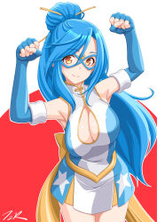 Rule 34 | 1girl, alternate hair color, armpits, artist name, bare shoulders, blue dress, blue gloves, blue hair, bow, breasts, cleavage, cleavage cutout, clenched hands, closed mouth, clothing cutout, commentary request, cowboy shot, dress, fingerless gloves, gas mask, gloves, hair between eyes, hair bun, hair ornament, highres, kamen america, kamen america (comic), large breasts, long hair, mask, red background, signature, simple background, smile, solo, t2r, very long hair, white background, white dress, yellow eyes